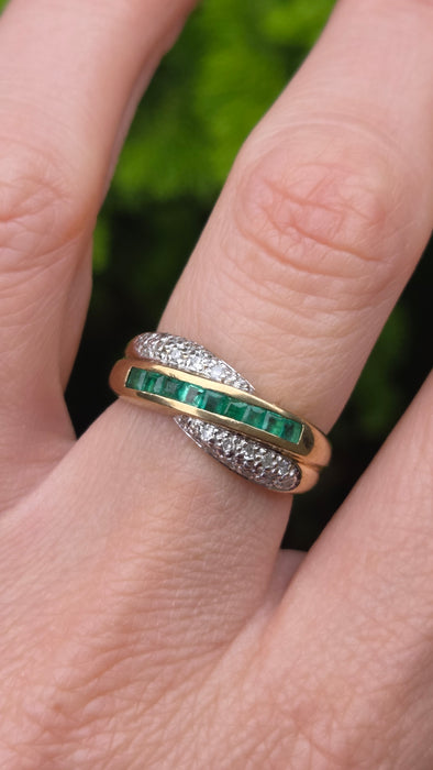 Vintage: 9ct Yellow Gold Emerald & Diamond Crossover Dress Ring