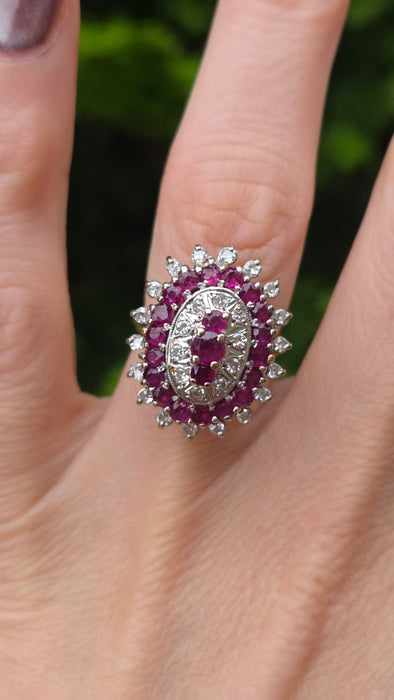 Vintage: 18ct Yellow Gold Ruby 1.53ct & Diamond 0.47ct Oval Four Tier Dress Ring — From 1978