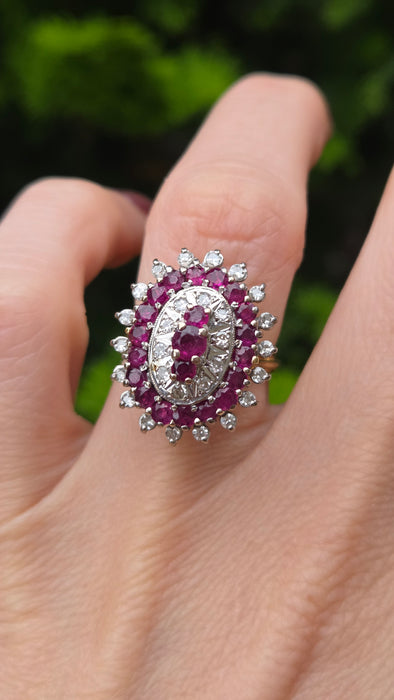 Vintage: 18ct Yellow Gold Ruby 1.53ct & Diamond 0.47ct Oval Four Tier Dress Ring — From 1978