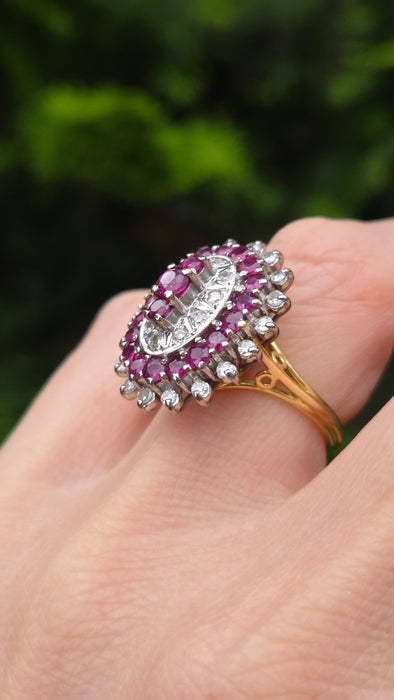 Vintage: 18ct Yellow Gold Ruby 1.53ct & Diamond 0.47ct Oval Four Tier Dress Ring — From 1978