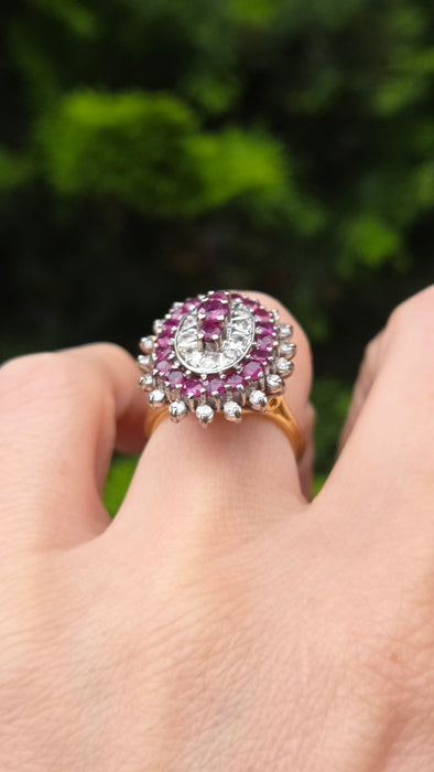 Vintage: 18ct Yellow Gold Ruby 1.53ct & Diamond 0.47ct Oval Four Tier Dress Ring — From 1978