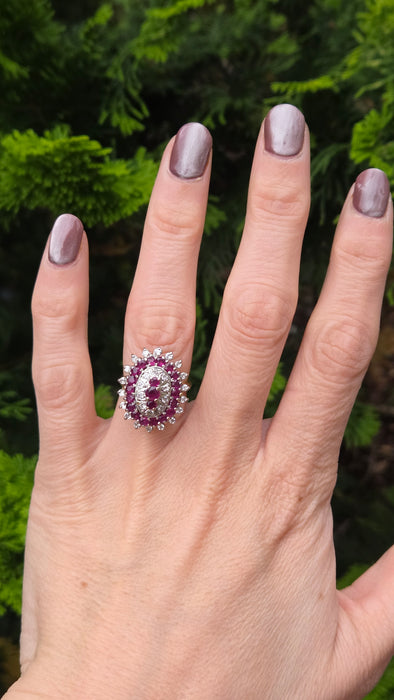 Vintage: 18ct Yellow Gold Ruby 1.53ct & Diamond 0.47ct Oval Four Tier Dress Ring — From 1978