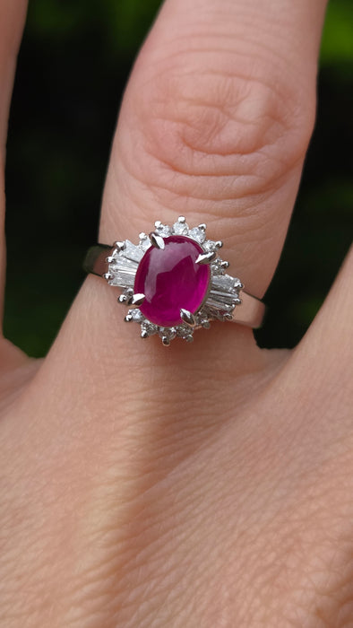 Vintage: Platinum Cabochon Ruby 1.71ct & Diamond 0.40ct Oval Dress Ring