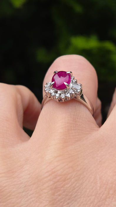 Vintage: Platinum Cabochon Ruby 1.71ct & Diamond 0.40ct Oval Dress Ring