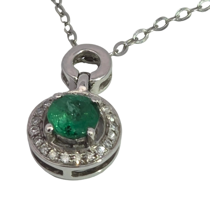 Vintage: 18ct White Gold Emerald 0.55ct & Diamond 0.06ct Halo Pendant and Chain