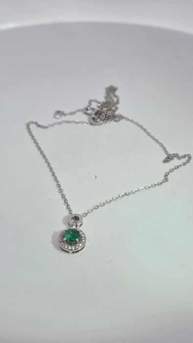 Vintage: 18ct White Gold Emerald 0.55ct & Diamond 0.06ct Halo Pendant and Chain