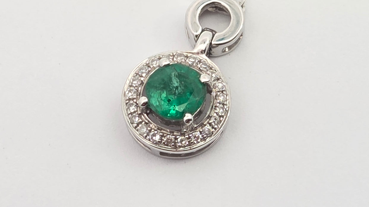 Vintage: 18ct White Gold Emerald 0.55ct & Diamond 0.06ct Halo Pendant and Chain
