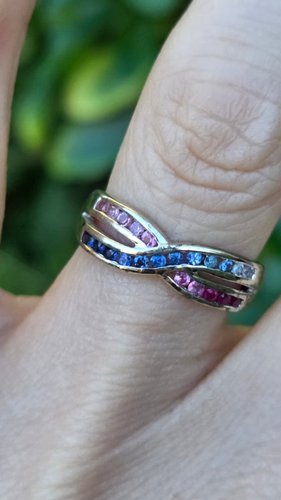 Vintage: 9ct White Gold Ruby & Sapphire Crossover Ring