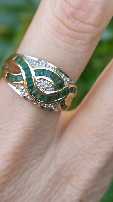 Vintage: 9ct Yellow Gold Emerald & Diamond Art Deco Style Panel Ring
