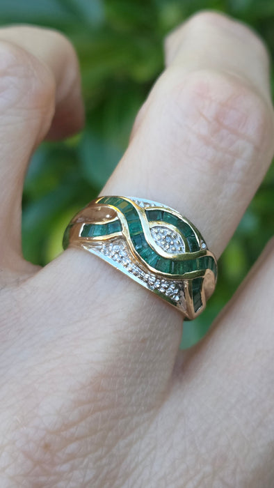 Vintage: 9ct Yellow Gold Emerald & Diamond Art Deco Style Panel Ring