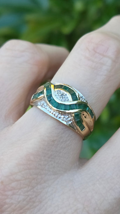 Vintage: 9ct Yellow Gold Emerald & Diamond Art Deco Style Panel Ring