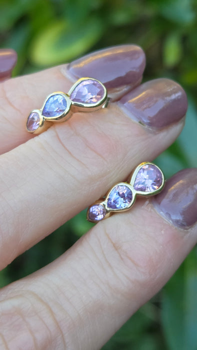 Vintage: 9ct Yellow Gold Pink & Blue Topaz Drop Stud Earrings