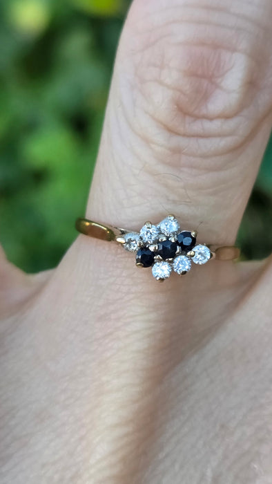 Vintage: 9ct Yellow Gold Sapphire & Simulated Diamond Cluster Ring — From 1986