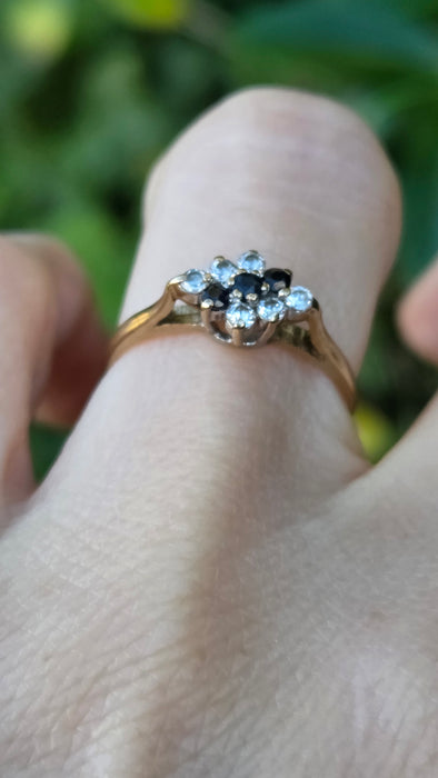 Vintage: 9ct Yellow Gold Sapphire & Simulated Diamond Cluster Ring — From 1986