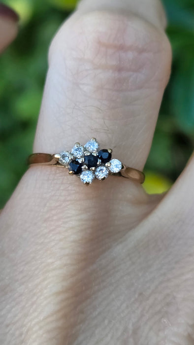 Vintage: 9ct Yellow Gold Sapphire & Simulated Diamond Cluster Ring — From 1986