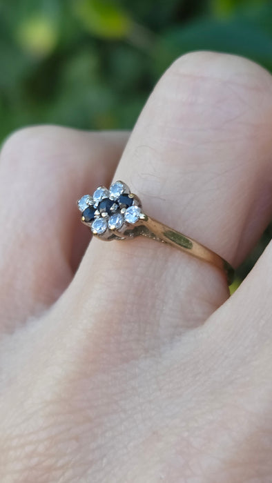 Vintage: 9ct Yellow Gold Sapphire & Simulated Diamond Cluster Ring — From 1986