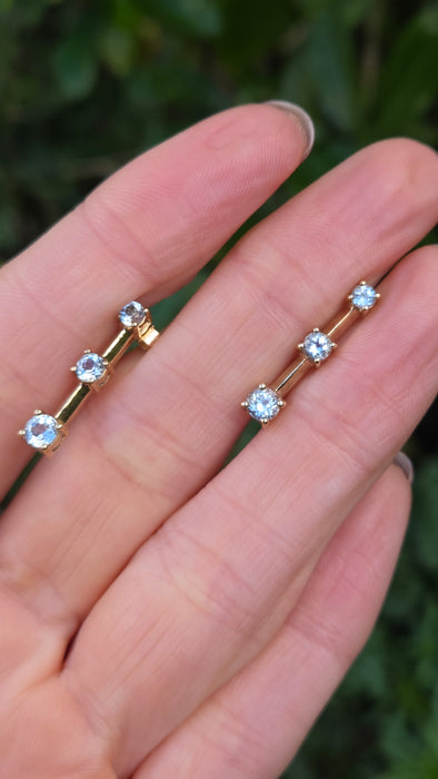 Vintage: 9ct Yellow Gold Blue Topaz Three Stone Bar Drop Earrings