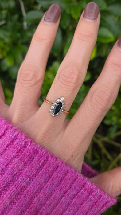 Vintage: 18ct Yellow Gold & Platinum Sapphire 0.92ct & Diamond 0.50ct Navette Cluster Ring