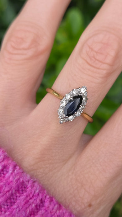 Vintage: 18ct Yellow Gold & Platinum Sapphire 0.92ct & Diamond 0.50ct Navette Cluster Ring