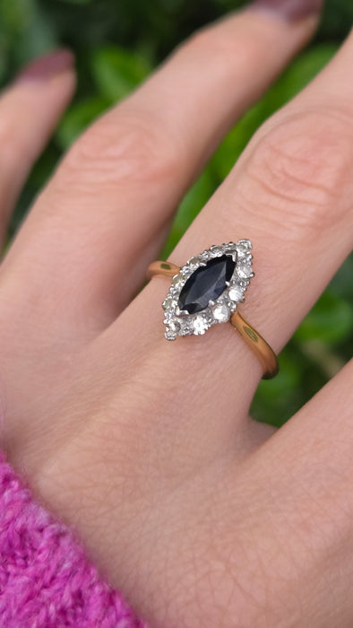 Vintage: 18ct Yellow Gold & Platinum Sapphire 0.92ct & Diamond 0.50ct Navette Cluster Ring