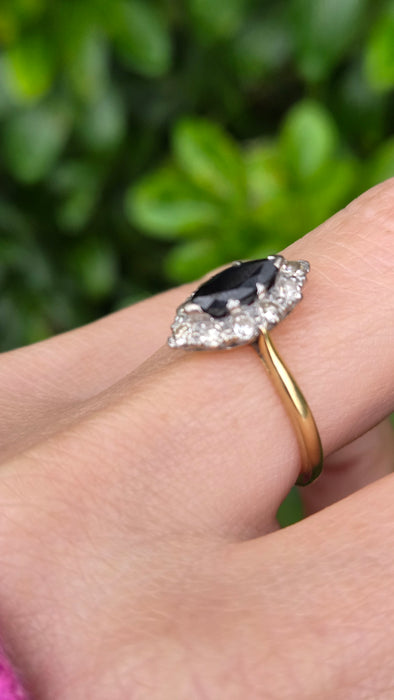 Vintage: 18ct Yellow Gold & Platinum Sapphire 0.92ct & Diamond 0.50ct Navette Cluster Ring