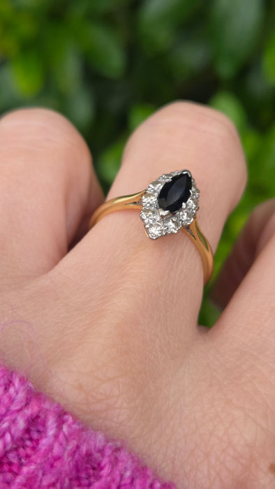 Vintage: 18ct Yellow Gold & Platinum Sapphire 0.92ct & Diamond 0.50ct Navette Cluster Ring