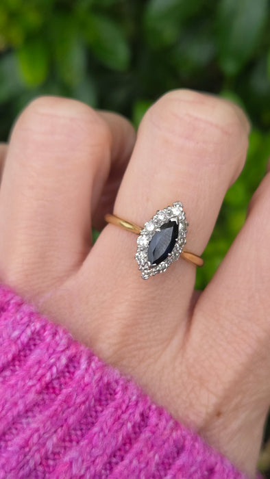 Vintage: 18ct Yellow Gold & Platinum Sapphire 0.92ct & Diamond 0.50ct Navette Cluster Ring
