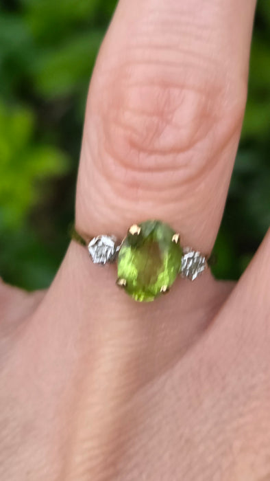 Vintage: 9ct Yellow Gold Peridot & Twin Diamond Three-Stone Ring — From 1998