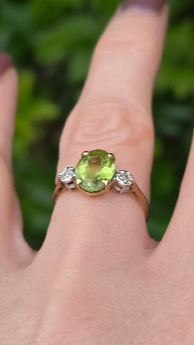 Vintage: 9ct Yellow Gold Peridot & Twin Diamond Three-Stone Ring — From 1998