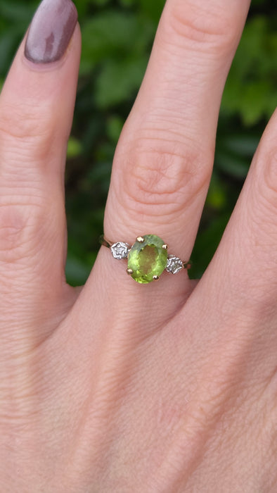 Vintage: 9ct Yellow Gold Peridot & Twin Diamond Three-Stone Ring — From 1998