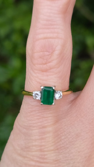 Vintage: 18ct Yellow Gold Emerald & Diamond Three Stone Ring — From 1989