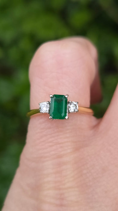 Vintage: 18ct Yellow Gold Emerald & Diamond Three Stone Ring — From 1989