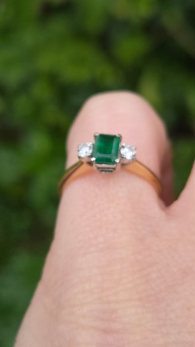 Vintage: 18ct Yellow Gold Emerald & Diamond Three Stone Ring — From 1989