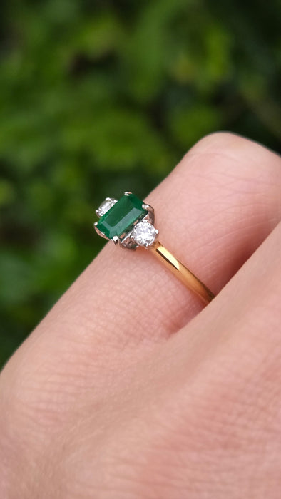 Vintage: 18ct Yellow Gold Emerald & Diamond Three Stone Ring — From 1989