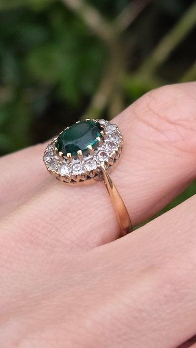 Vintage: 9ct Yellow Gold Emerald & Diamond Oval Cluster Ring — From 1967