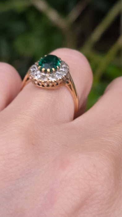 Vintage: 9ct Yellow Gold Emerald & Diamond Oval Cluster Ring — From 1967