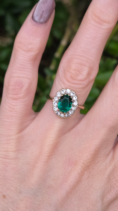 Vintage: 9ct Yellow Gold Emerald & Diamond Oval Cluster Ring — From 1967