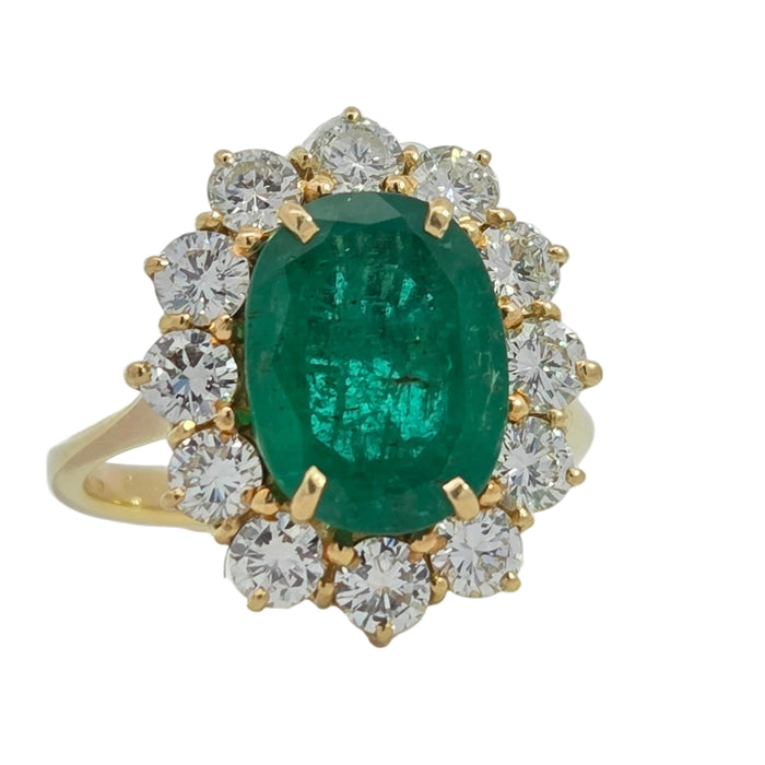 Vintage: 18ct Yellow Gold Emerald 2.45ct & Diamond 1.50ct Oval Cluster Dress Ring — From 1980