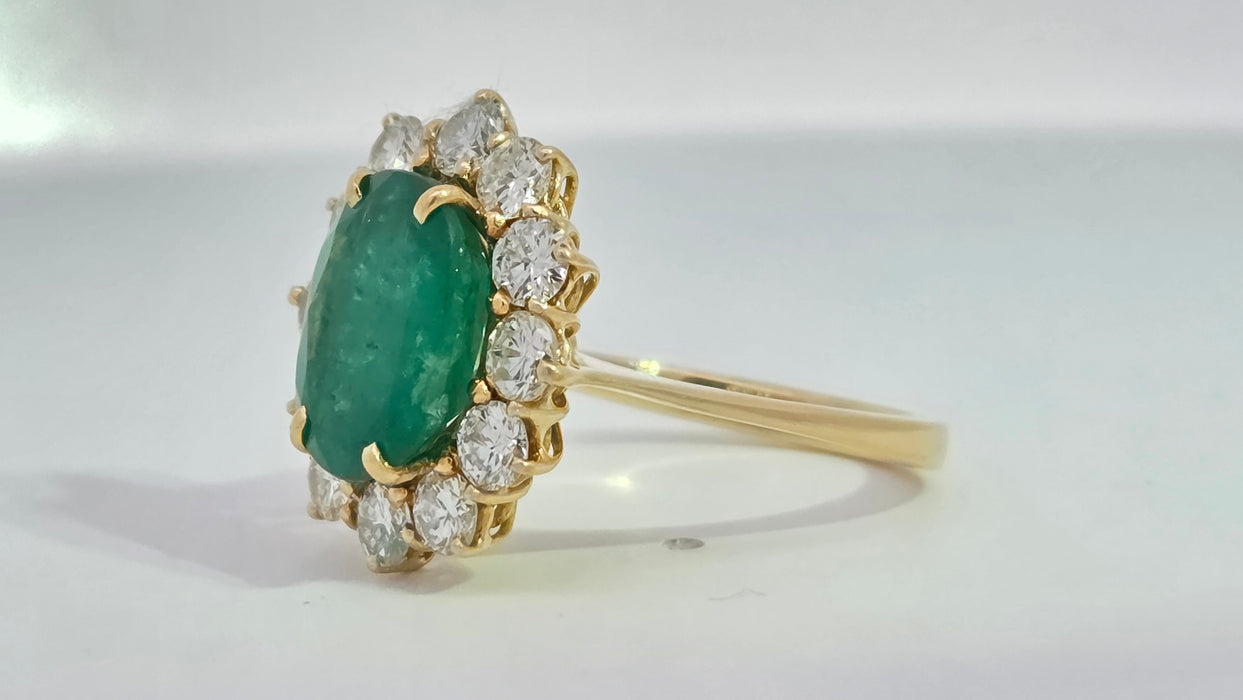 Vintage: 18ct Yellow Gold Emerald 2.45ct & Diamond 1.50ct Oval Cluster Dress Ring — From 1980