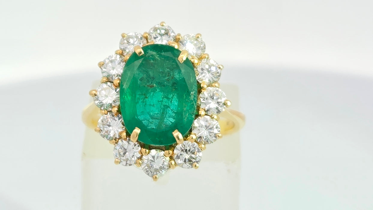Vintage: 18ct Yellow Gold Emerald 2.45ct & Diamond 1.50ct Oval Cluster Dress Ring — From 1980