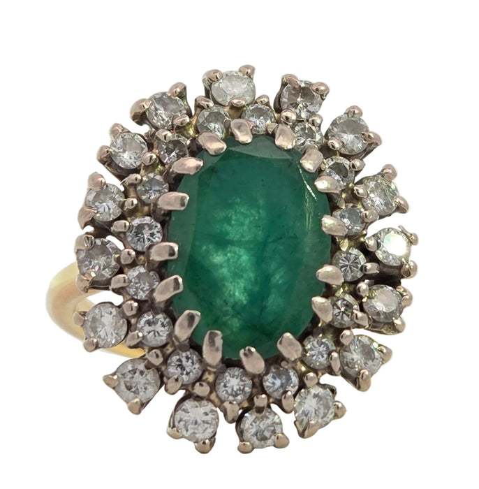 Vintage: 18ct Yellow Gold Emerald 2.13ct & Diamond 1.12ct Double Row Flowerhead Cluster Ring