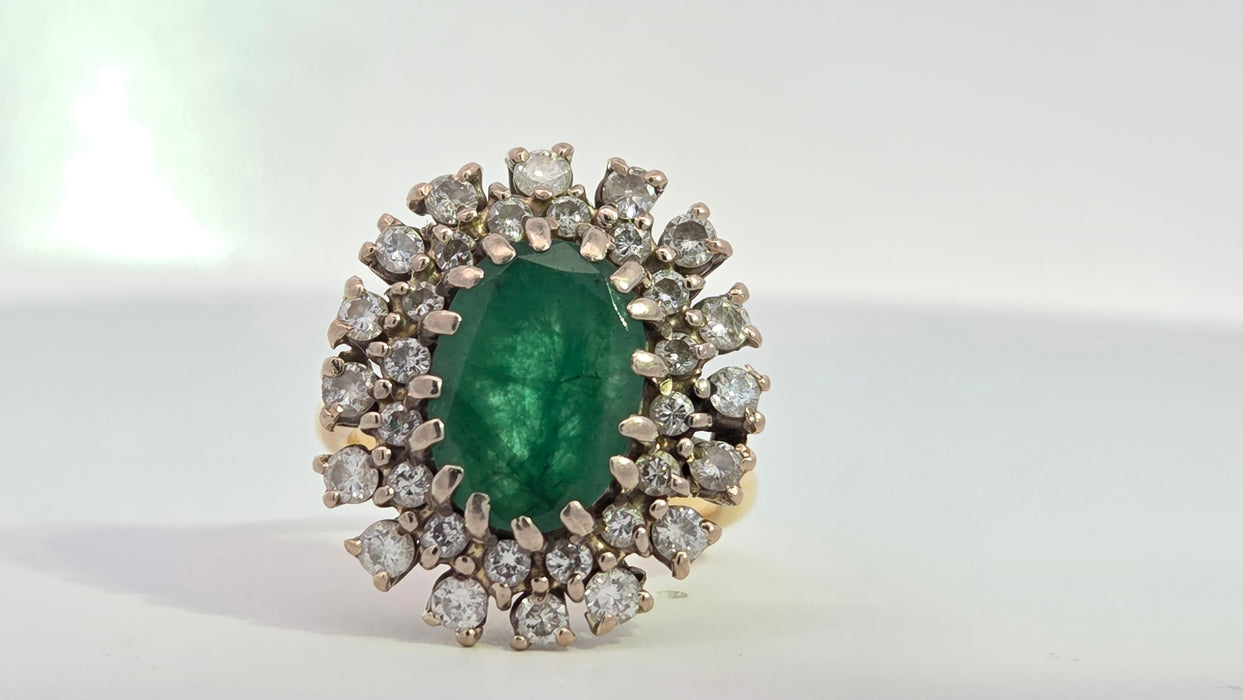 Vintage: 18ct Yellow Gold Emerald 2.13ct & Diamond 1.12ct Double Row Flowerhead Cluster Ring