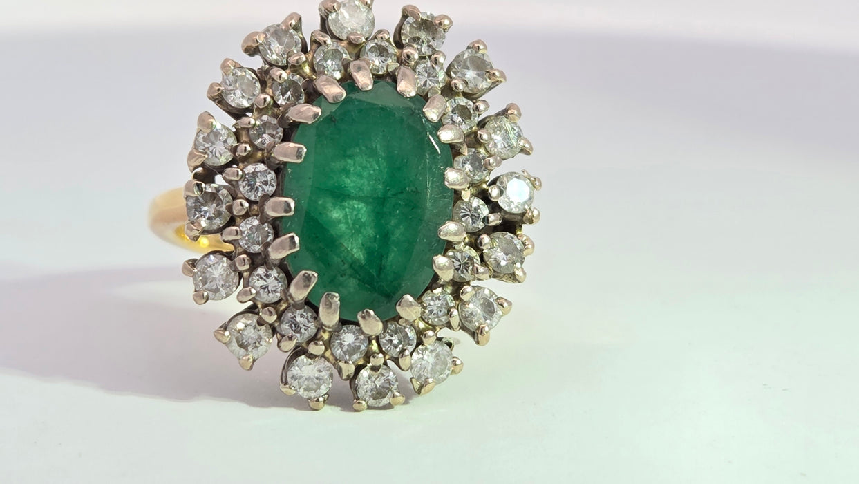 Vintage: 18ct Yellow Gold Emerald 2.13ct & Diamond 1.12ct Double Row Flowerhead Cluster Ring