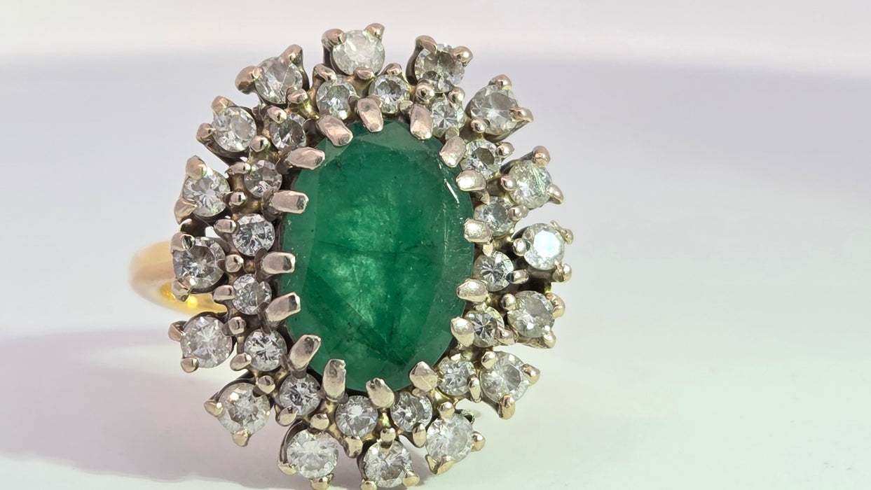 Vintage: 18ct Yellow Gold Emerald 2.13ct & Diamond 1.12ct Double Row Flowerhead Cluster Ring