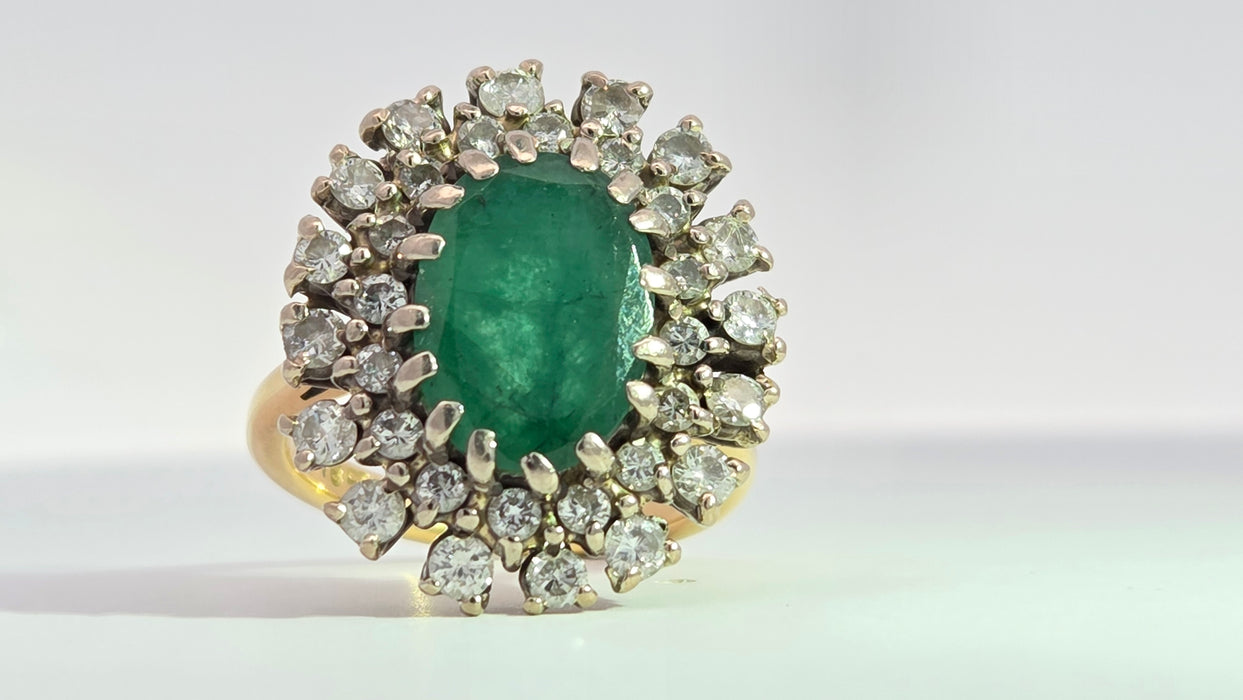Vintage: 18ct Yellow Gold Emerald 2.13ct & Diamond 1.12ct Double Row Flowerhead Cluster Ring