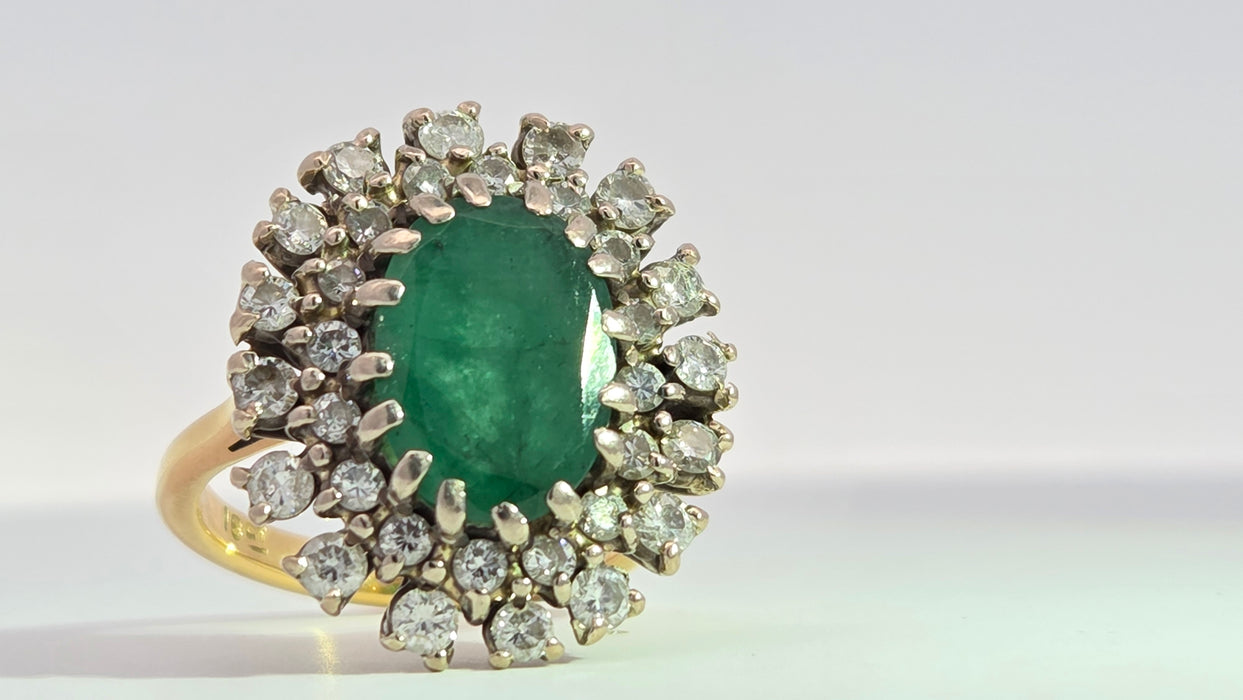 Vintage: 18ct Yellow Gold Emerald 2.13ct & Diamond 1.12ct Double Row Flowerhead Cluster Ring