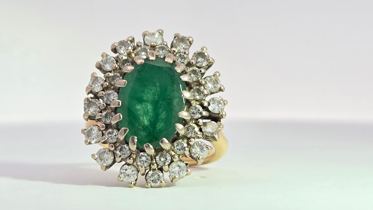 Vintage: 18ct Yellow Gold Emerald 2.13ct & Diamond 1.12ct Double Row Flowerhead Cluster Ring