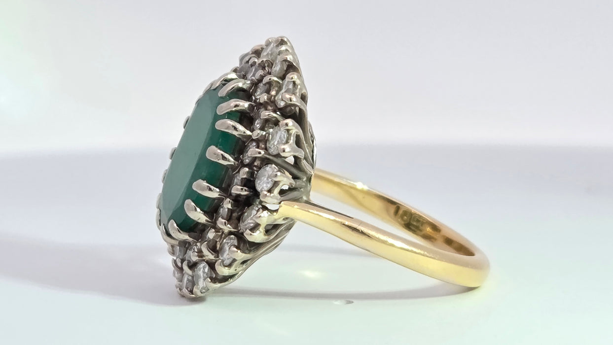 Vintage: 18ct Yellow Gold Emerald 2.13ct & Diamond 1.12ct Double Row Flowerhead Cluster Ring