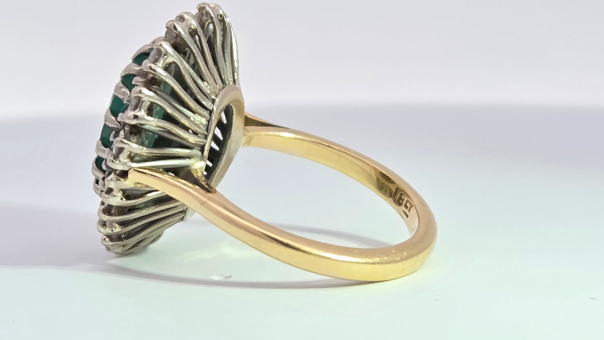 Vintage: 18ct Yellow Gold Emerald 2.13ct & Diamond 1.12ct Double Row Flowerhead Cluster Ring