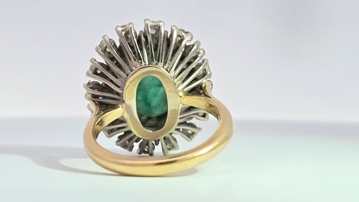 Vintage: 18ct Yellow Gold Emerald 2.13ct & Diamond 1.12ct Double Row Flowerhead Cluster Ring